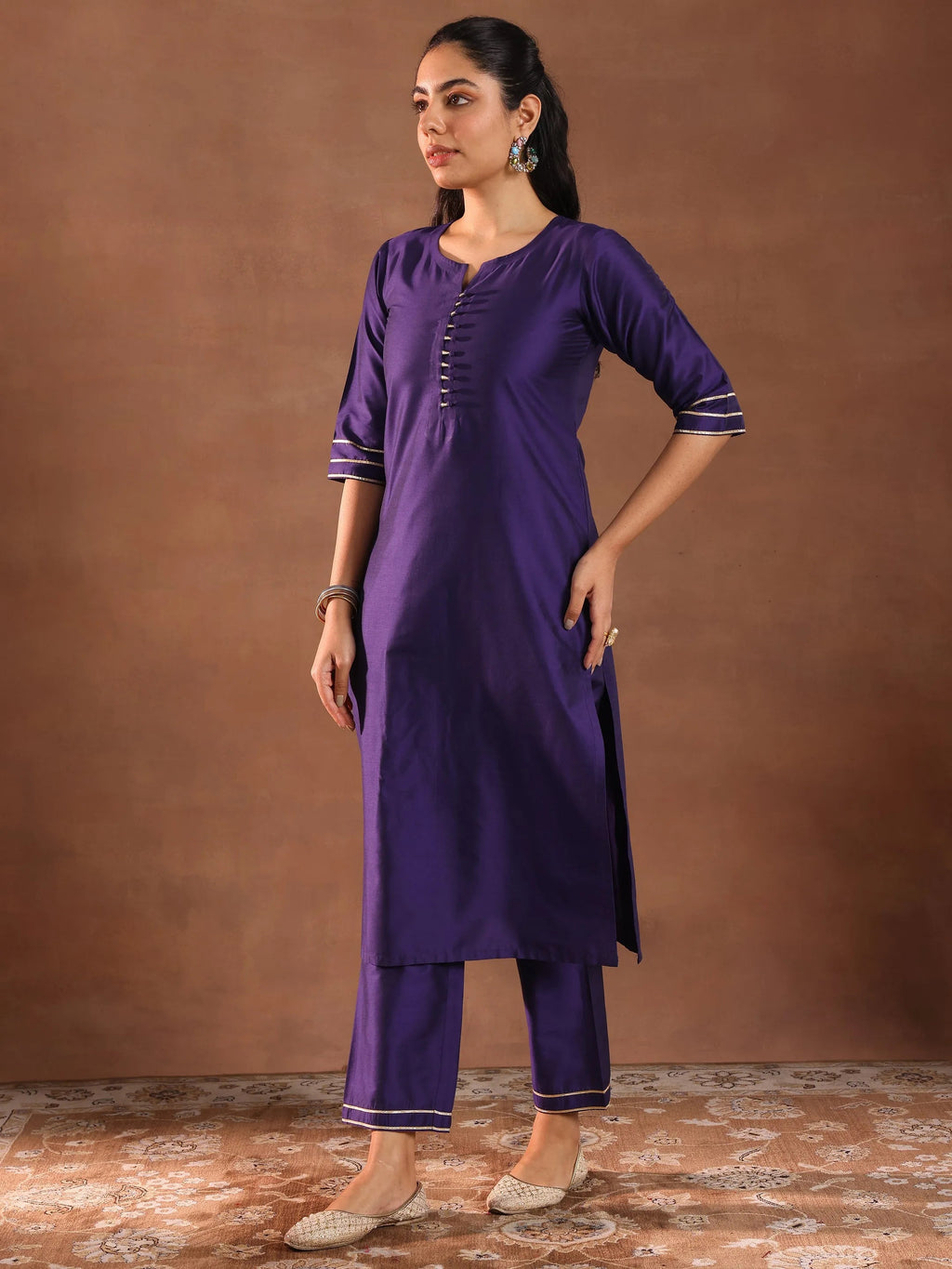 Gerua Purple Solid Silk Blend Straight Suit Set With Dupatta