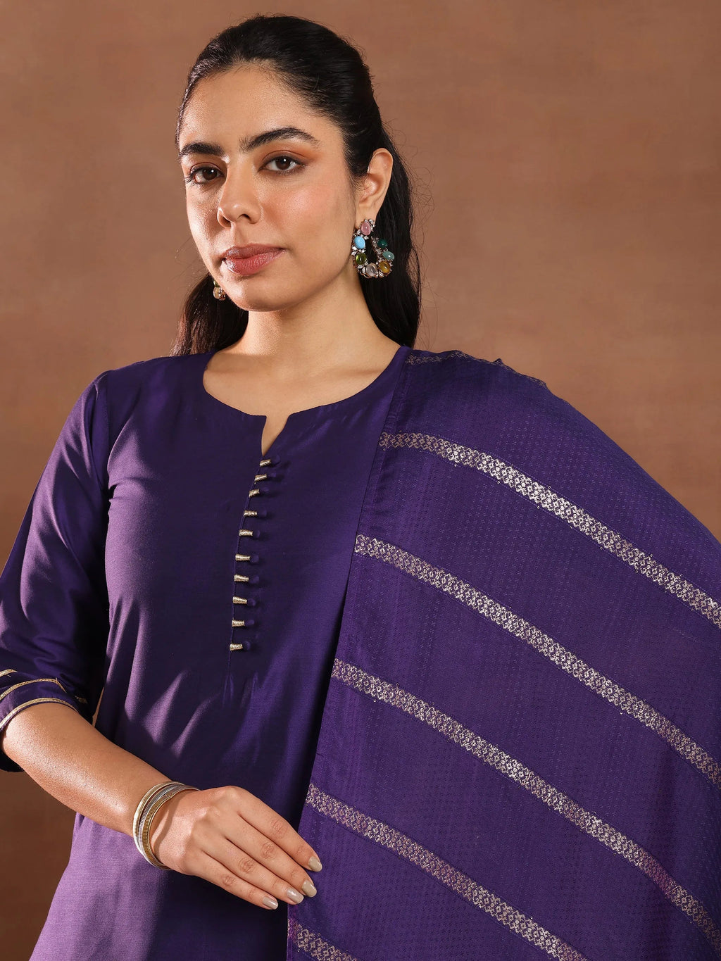 Gerua Purple Solid Silk Blend Straight Suit Set With Dupatta