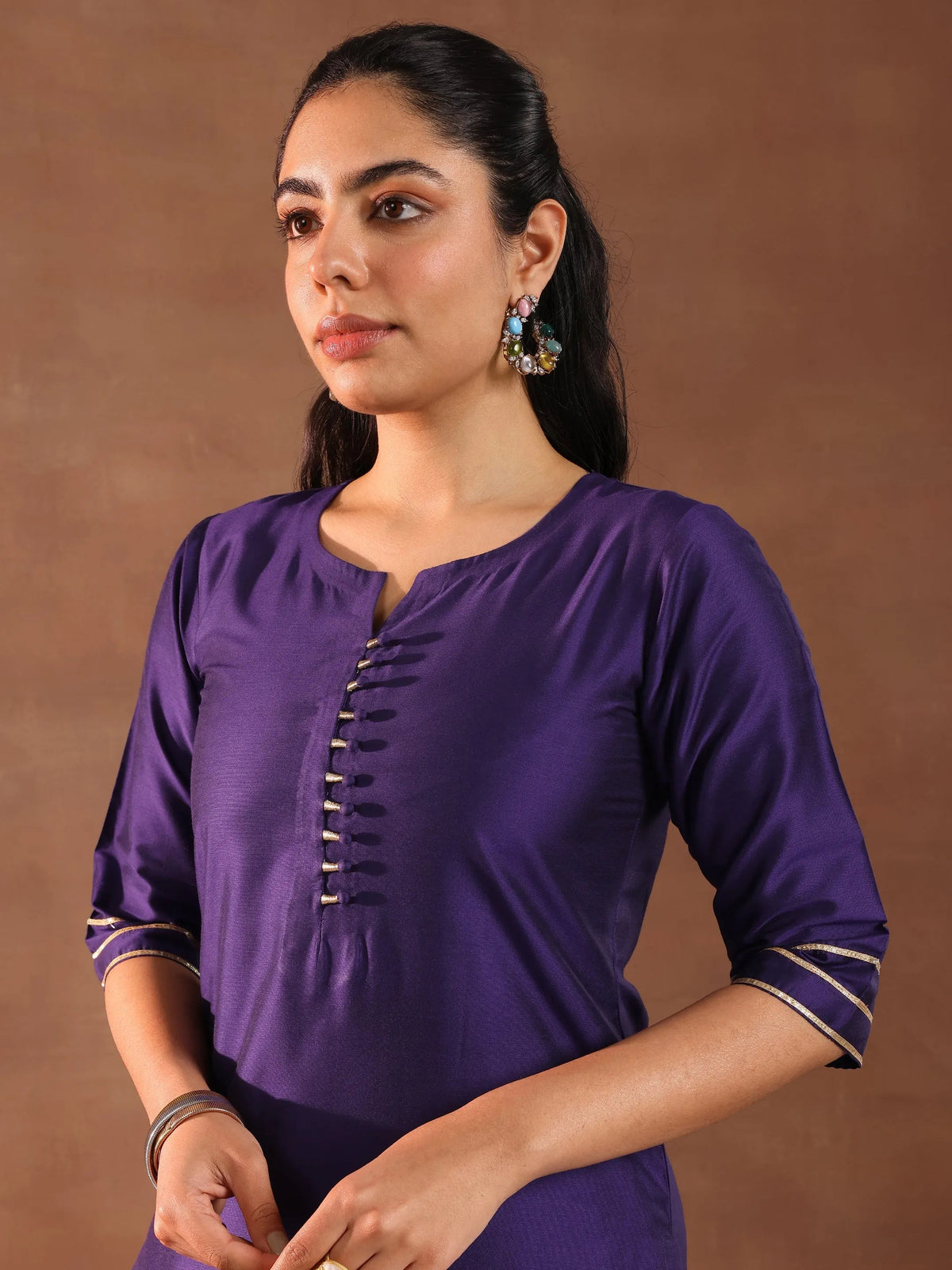 Gerua Purple Solid Silk Blend Straight Suit Set With Dupatta
