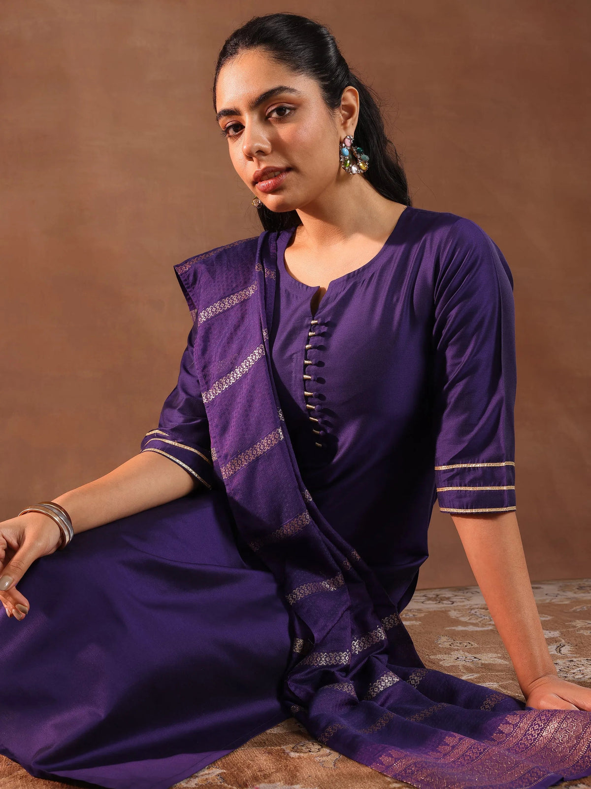 Gerua Purple Solid Silk Blend Straight Suit Set With Dupatta
