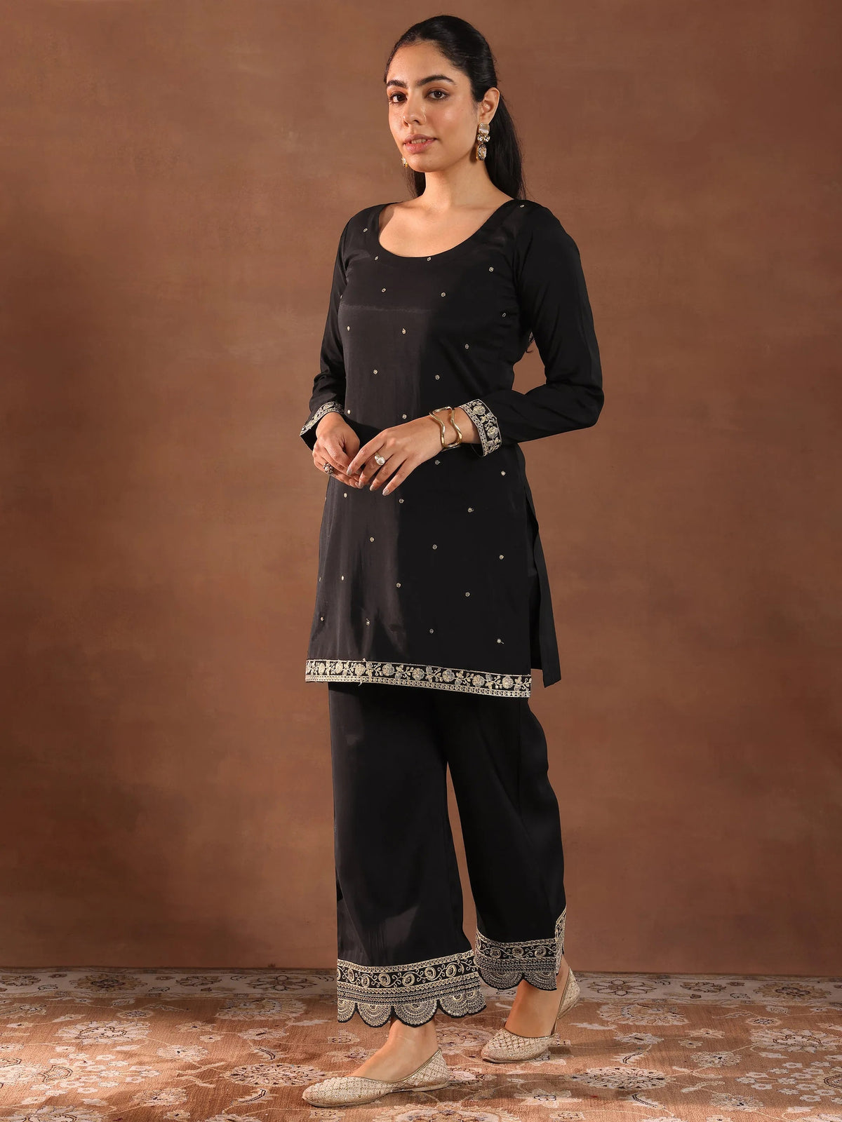 Gerua Black Embroidered Silk Blend Straight Suit Set With Dupatta