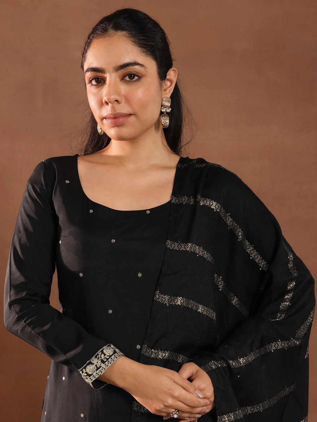 Gerua Black Embroidered Silk Blend Straight Suit Set With Dupatta