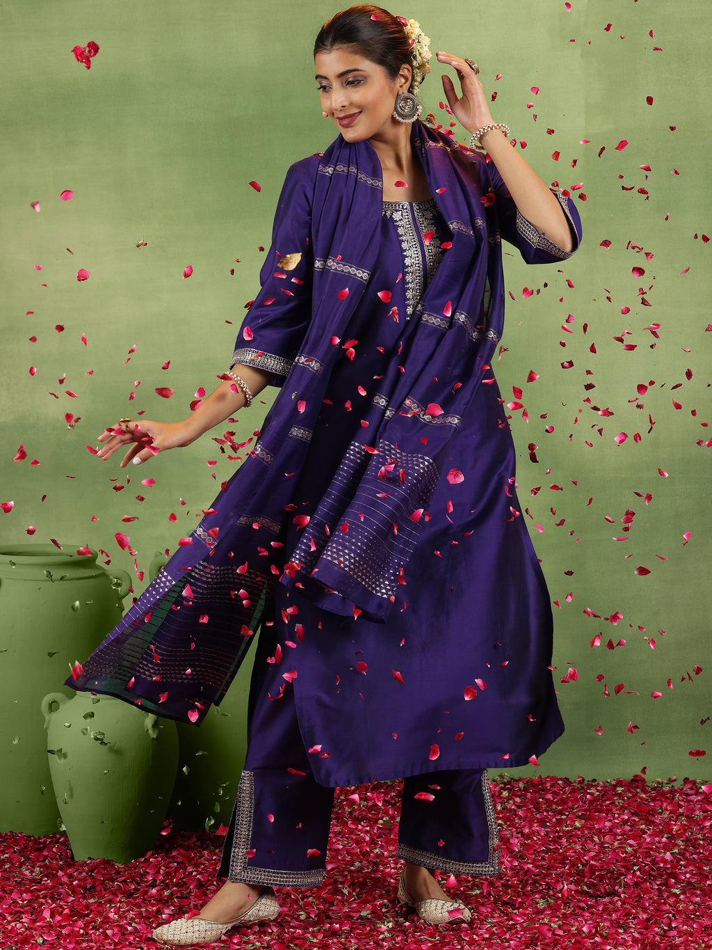 Gerua Purple Yoke Design Silk Blend Straight Suit With Dupatta