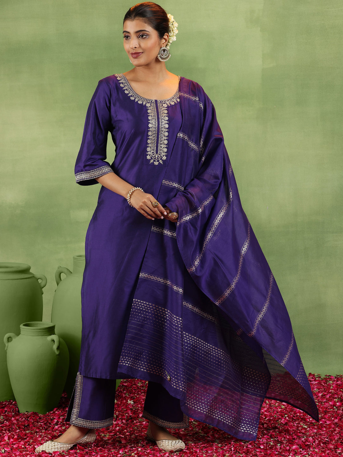 Gerua Purple Yoke Design Silk Blend Straight Suit With Dupatta