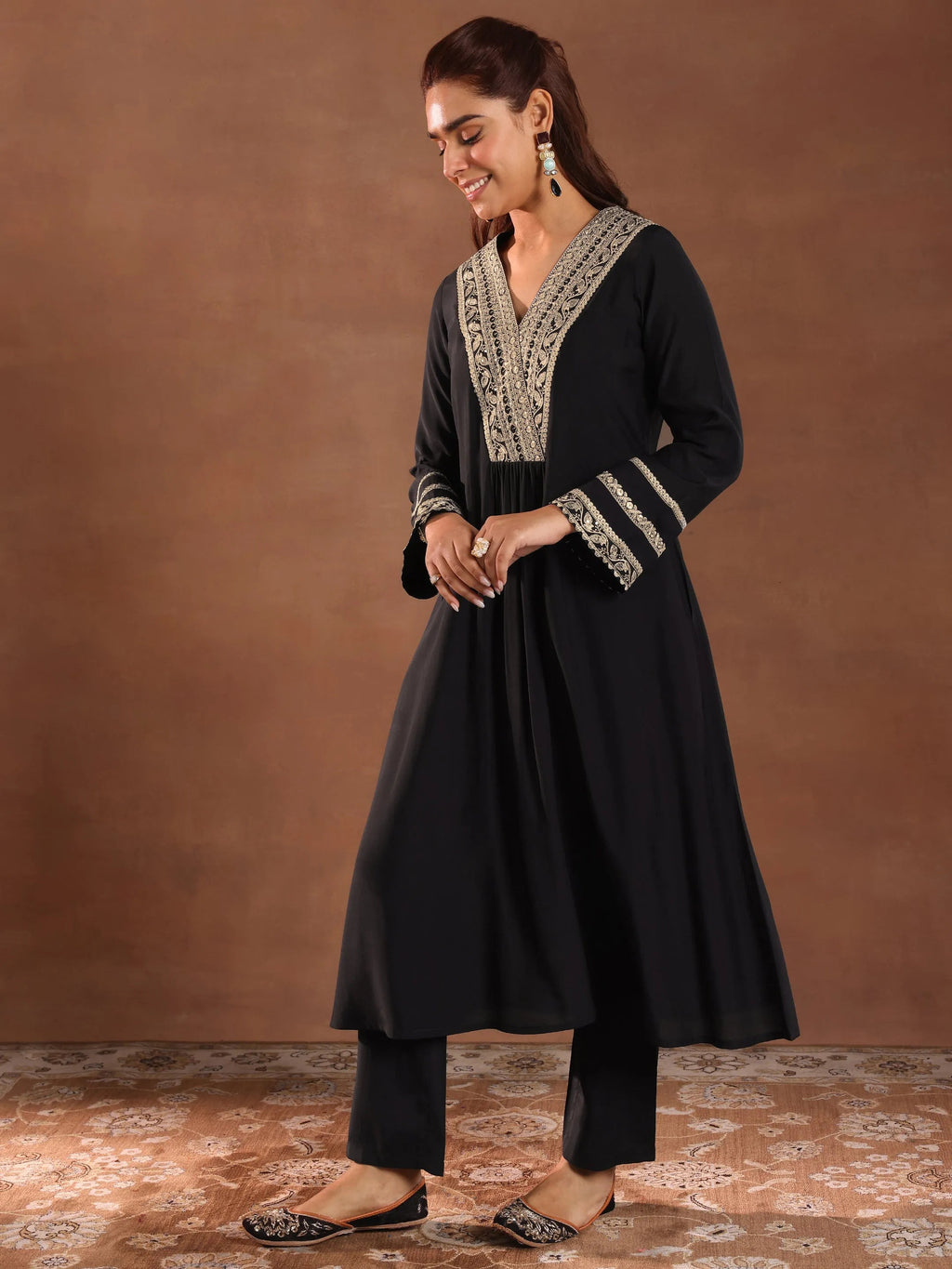Gerua Black Embroidered Silk Blend A-Line Suit Set With Dupatta