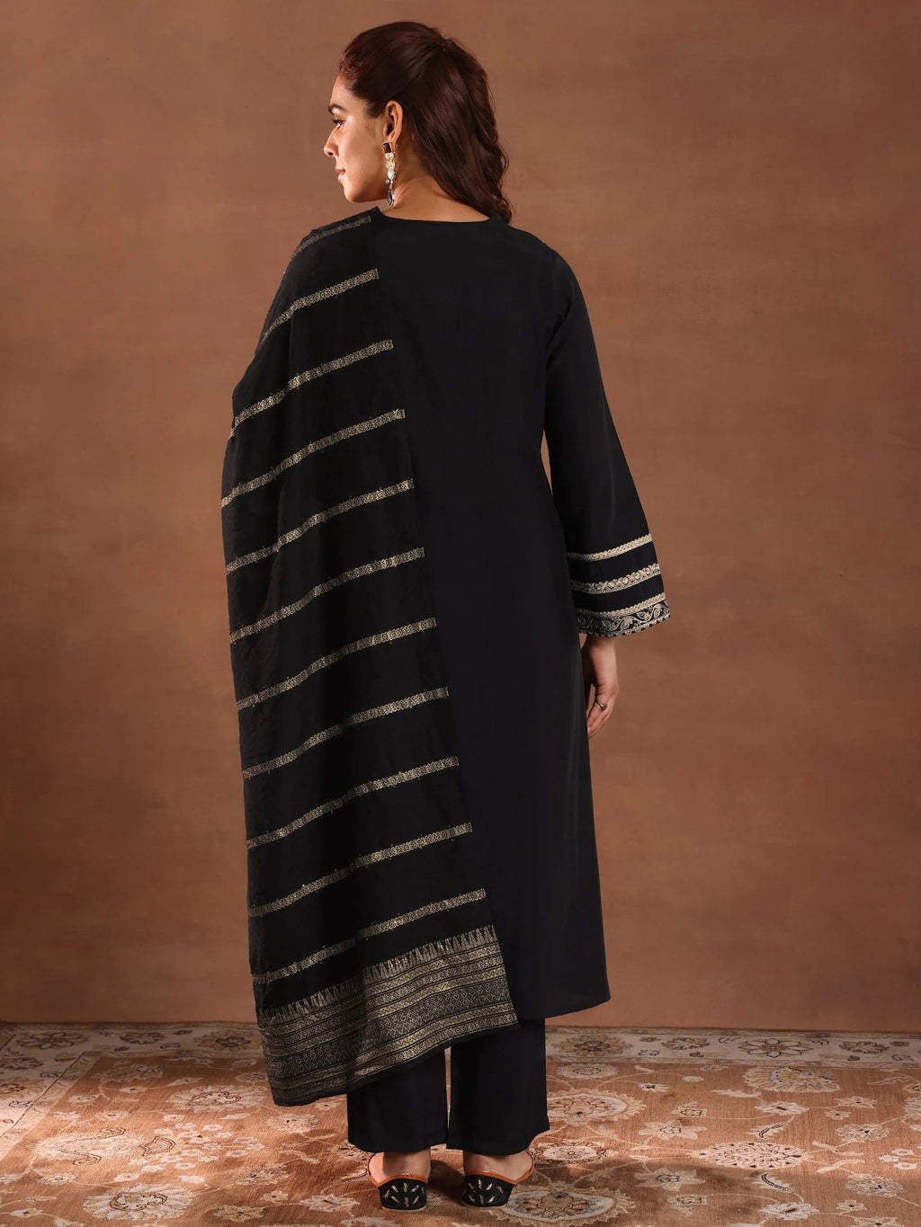 Gerua Black Embroidered Silk Blend A-Line Suit Set With Dupatta