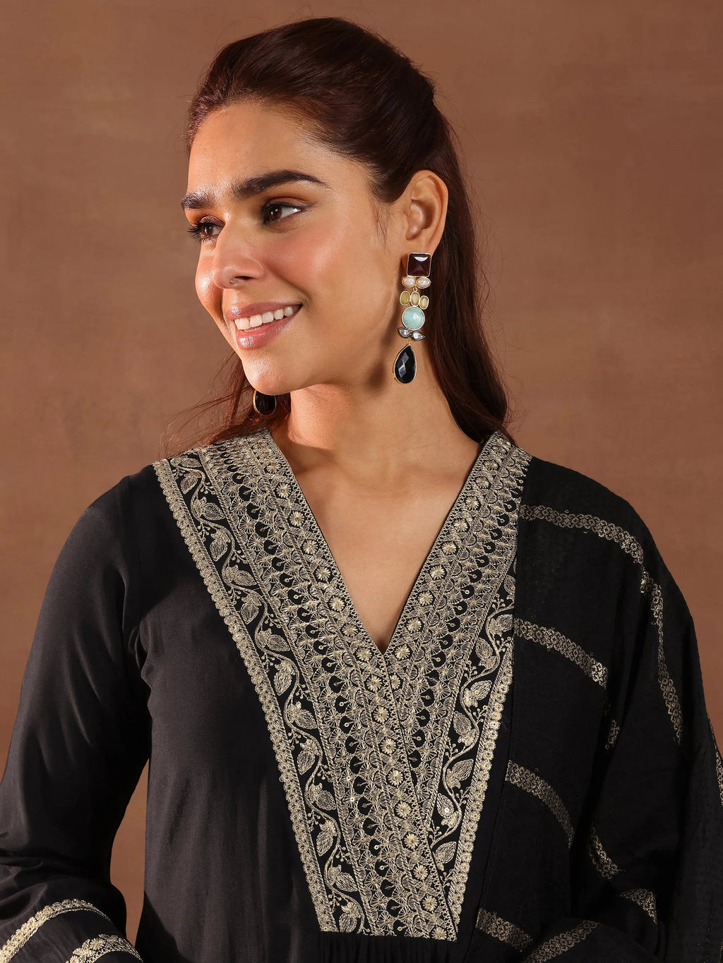 Gerua Black Embroidered Silk Blend A-Line Suit Set With Dupatta