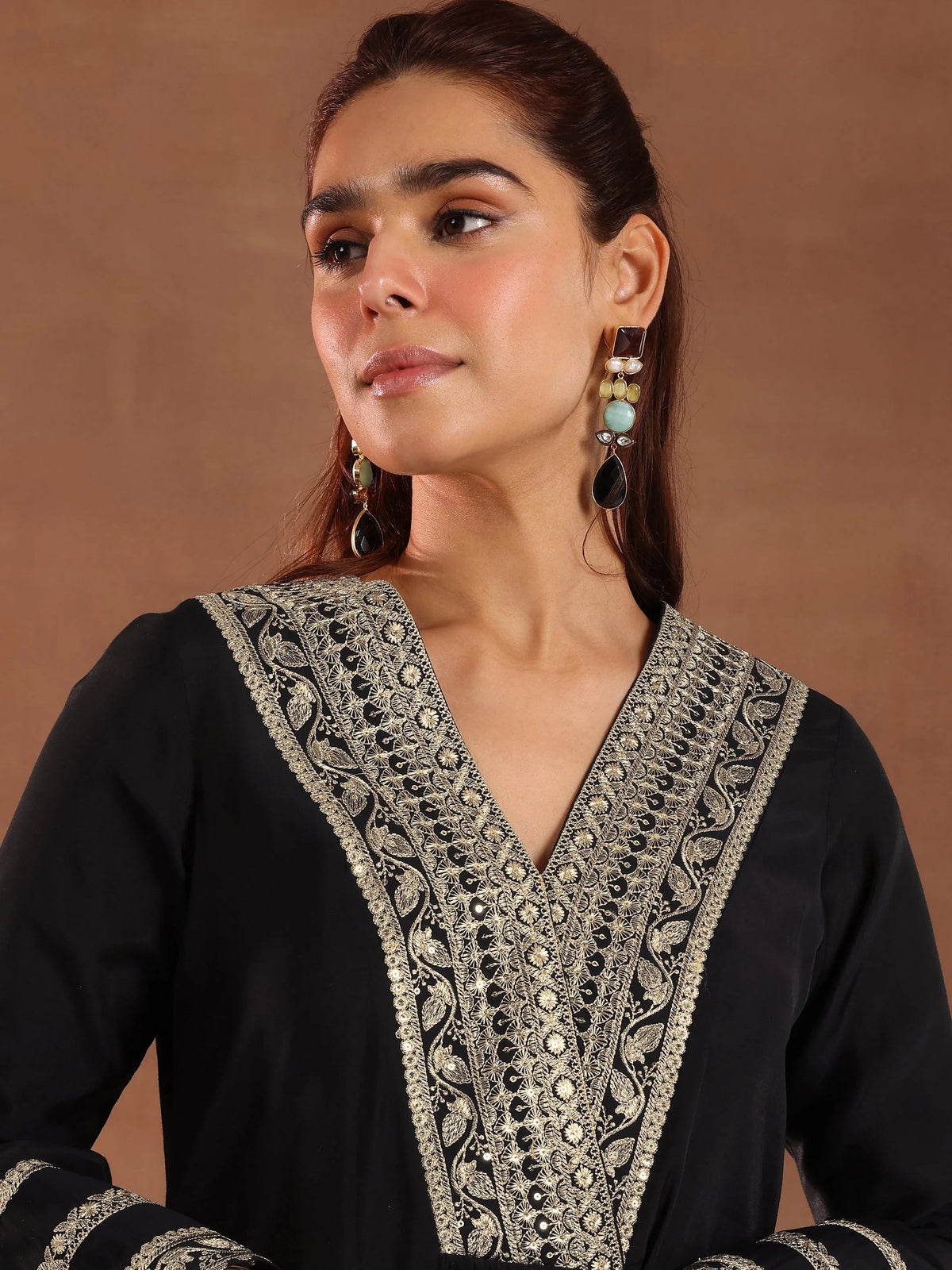 Gerua Black Embroidered Silk Blend A-Line Suit Set With Dupatta