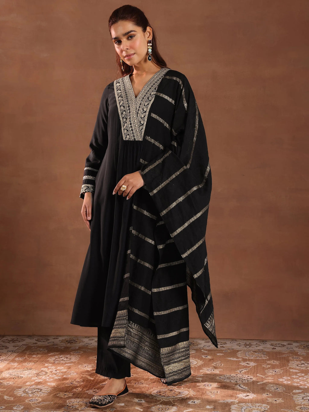 Gerua Black Embroidered Silk Blend A-Line Suit Set With Dupatta