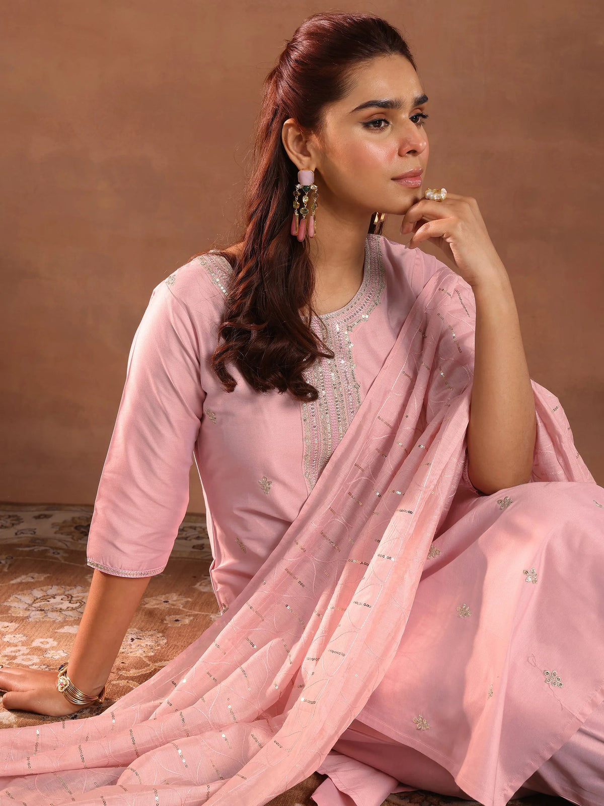 Gerua Pink Embroidered Silk Blend Straight Suit Set With Dupatta