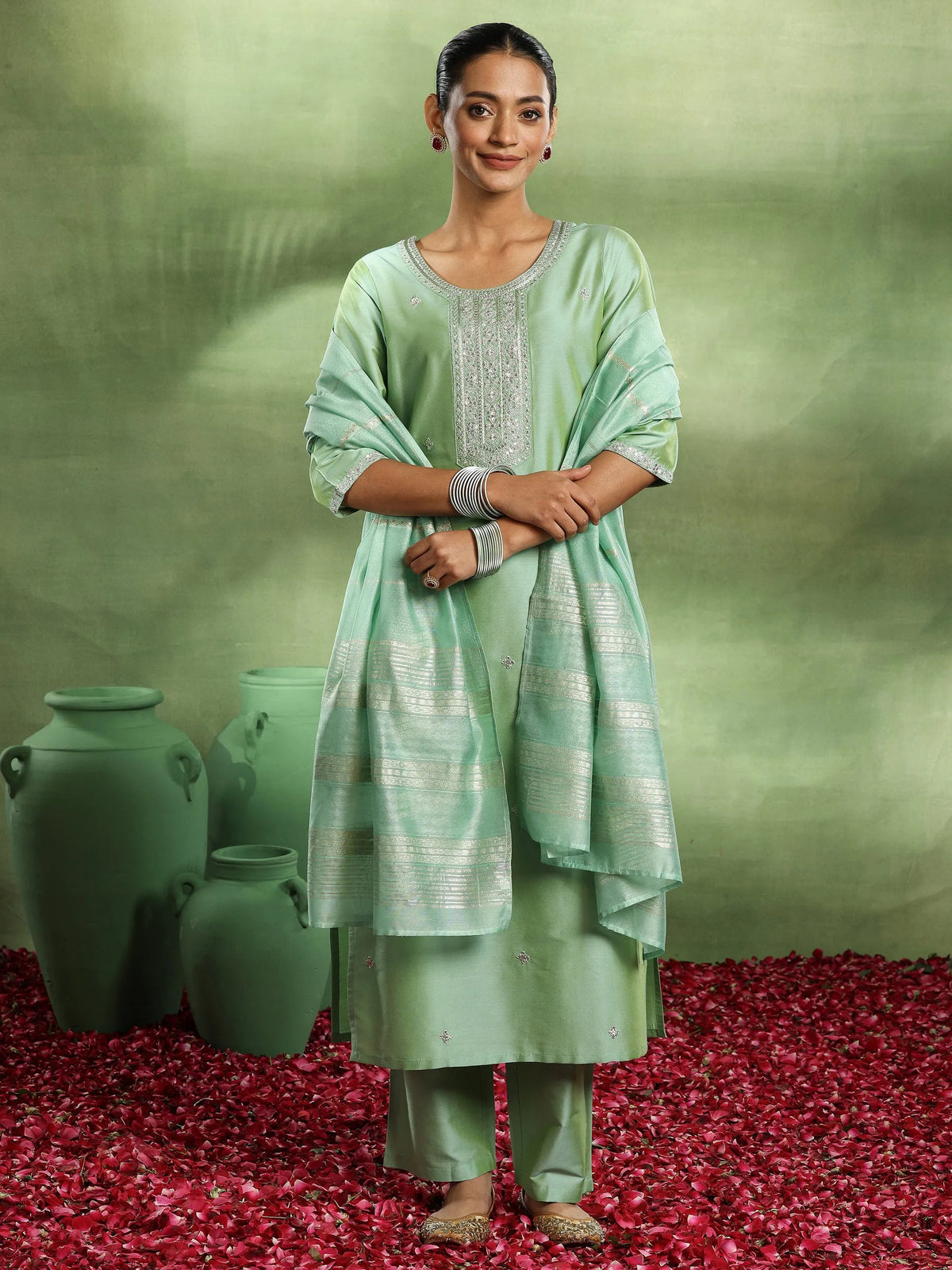 Gerua Green Embroidered Silk Blend Straight Suit With Dupatta