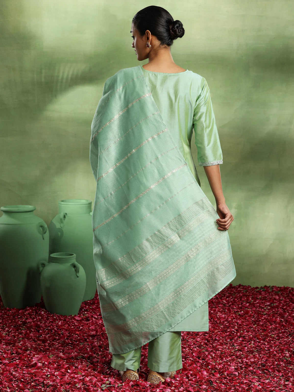 Gerua Green Embroidered Silk Blend Straight Suit With Dupatta