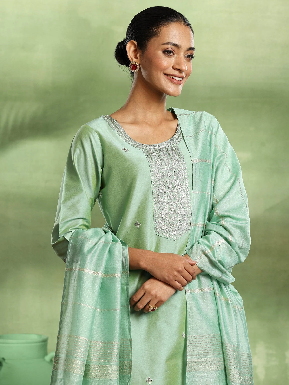 Gerua Green Embroidered Silk Blend Straight Suit With Dupatta
