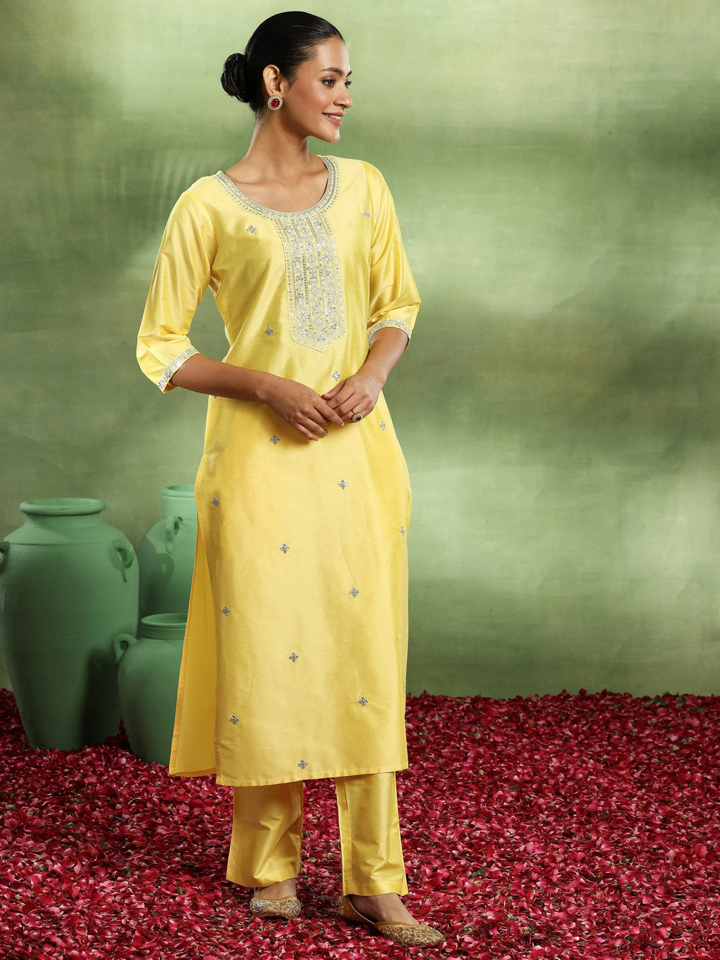 Gerua Yellow Embroidered Silk Blend Straight Suit With Dupatta