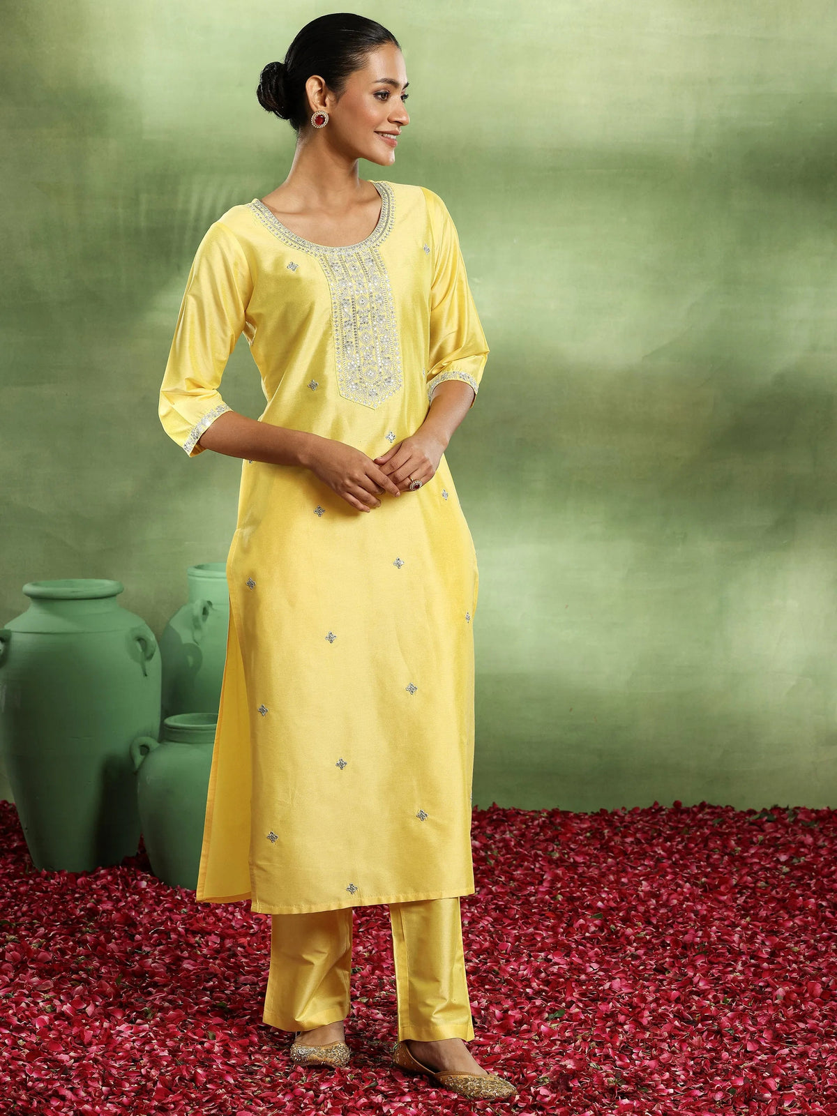 Gerua Yellow Embroidered Silk Blend Straight Suit With Dupatta