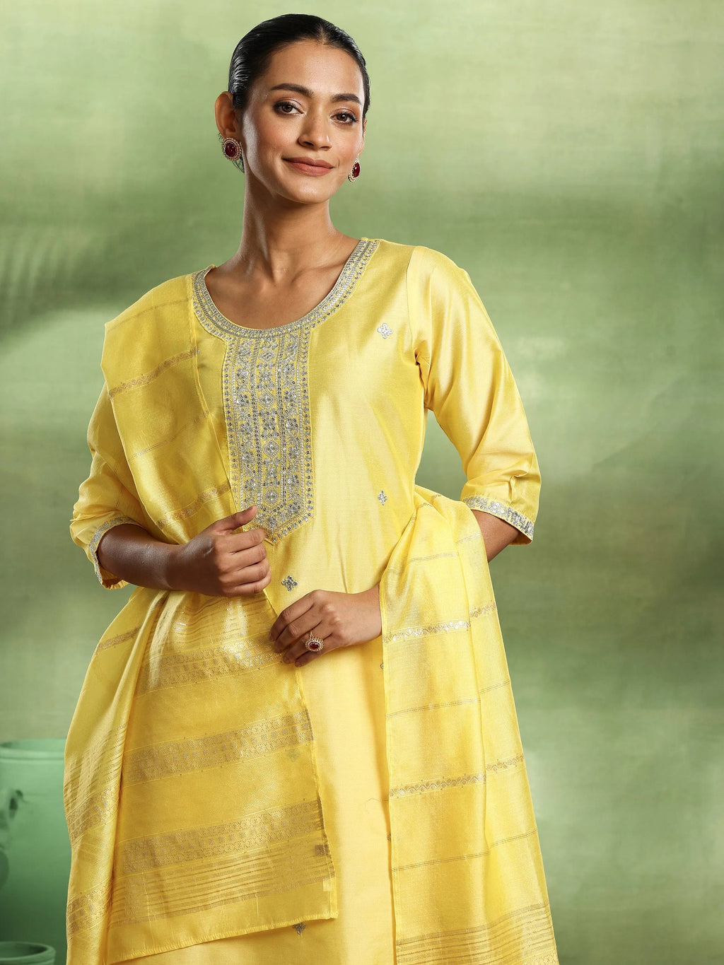 Gerua Yellow Embroidered Silk Blend Straight Suit With Dupatta