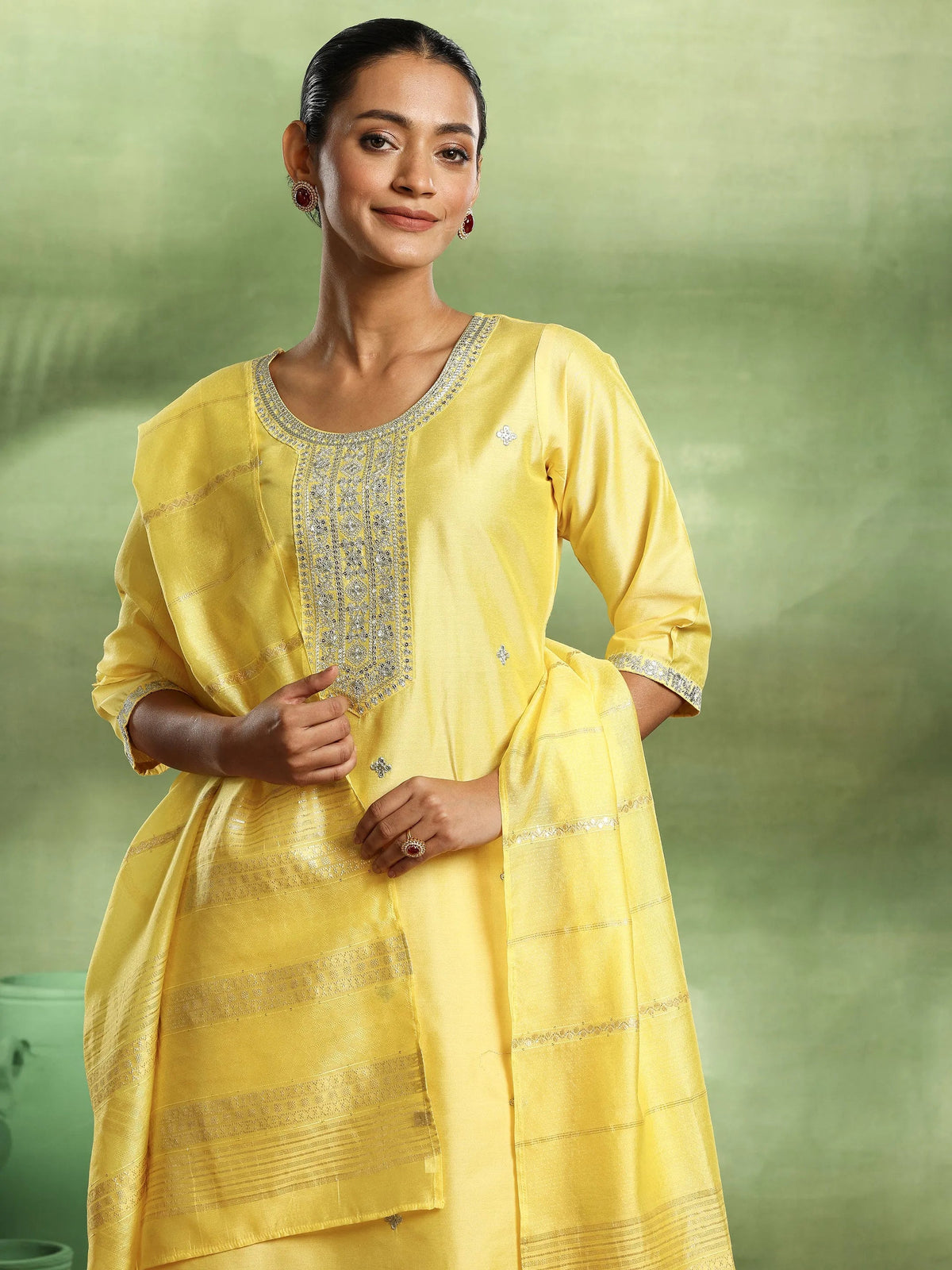 Gerua Yellow Embroidered Silk Blend Straight Suit With Dupatta