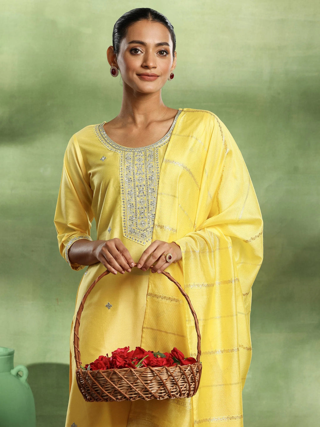 Gerua Yellow Embroidered Silk Blend Straight Suit With Dupatta