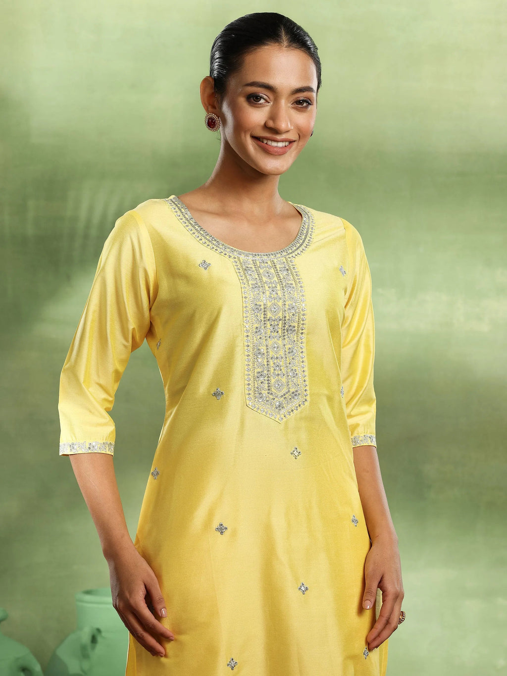 Gerua Yellow Embroidered Silk Blend Straight Suit With Dupatta