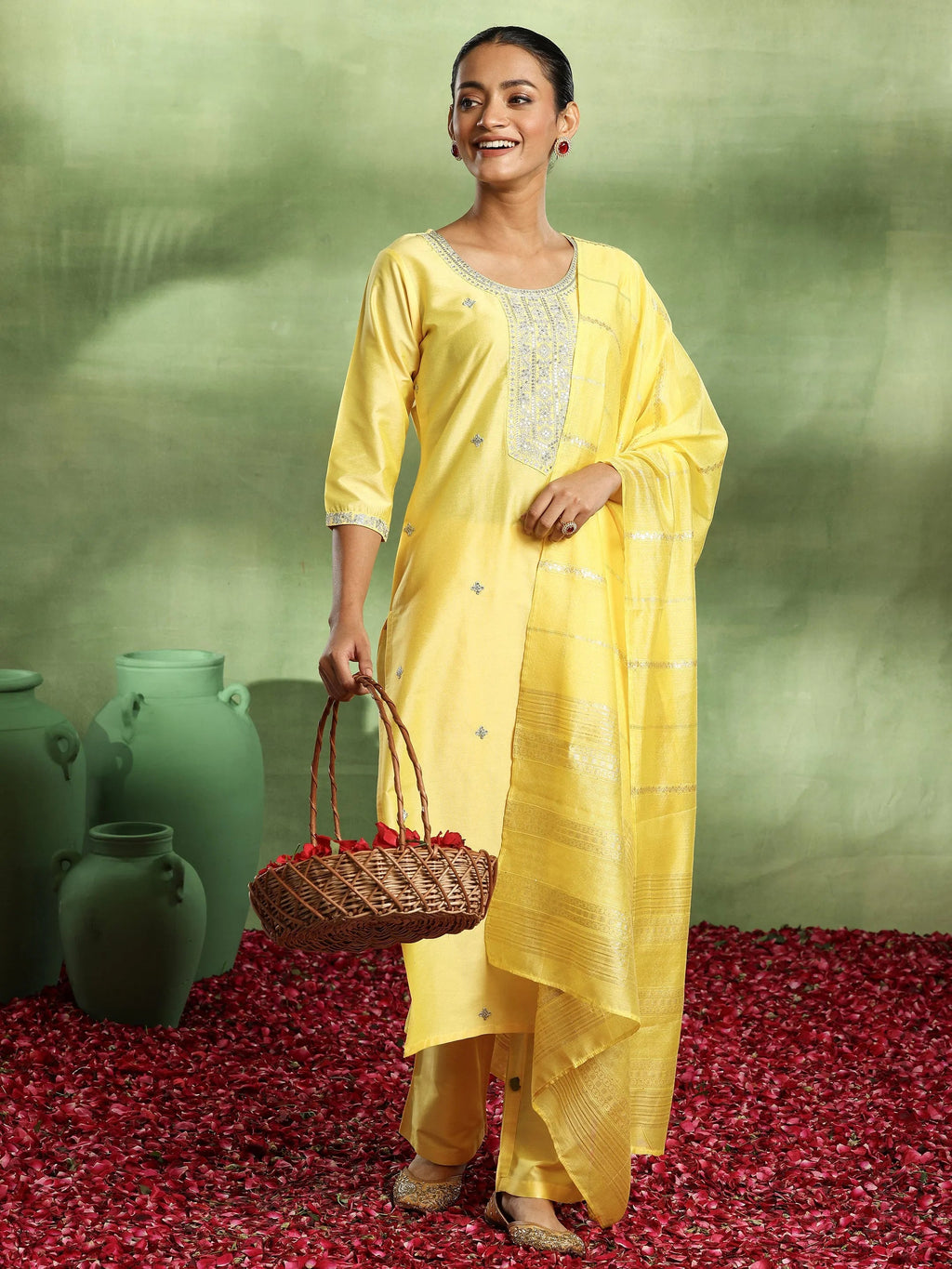 Gerua Yellow Embroidered Silk Blend Straight Suit With Dupatta