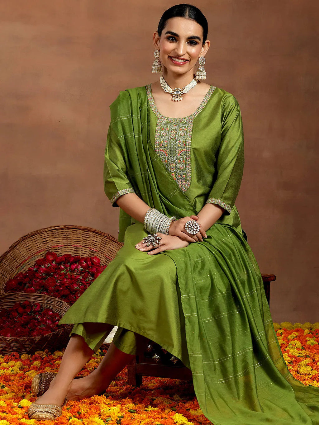 Gerua Green Yoke Design Silk Blend Straight Suit With Dupatta