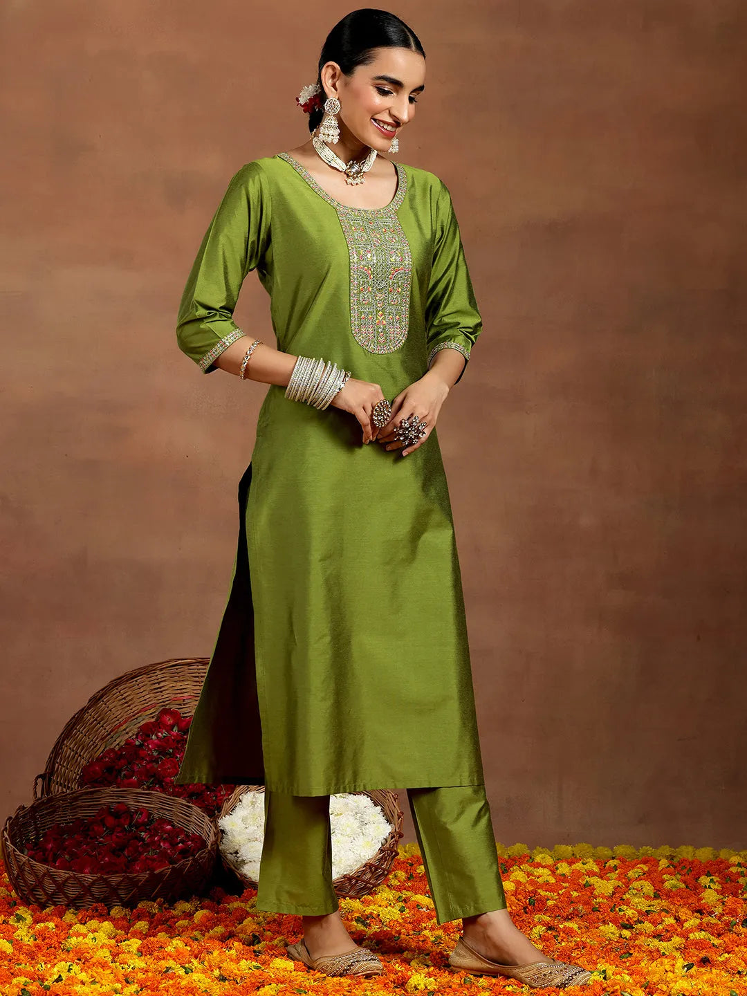 Gerua Green Yoke Design Silk Blend Straight Suit With Dupatta