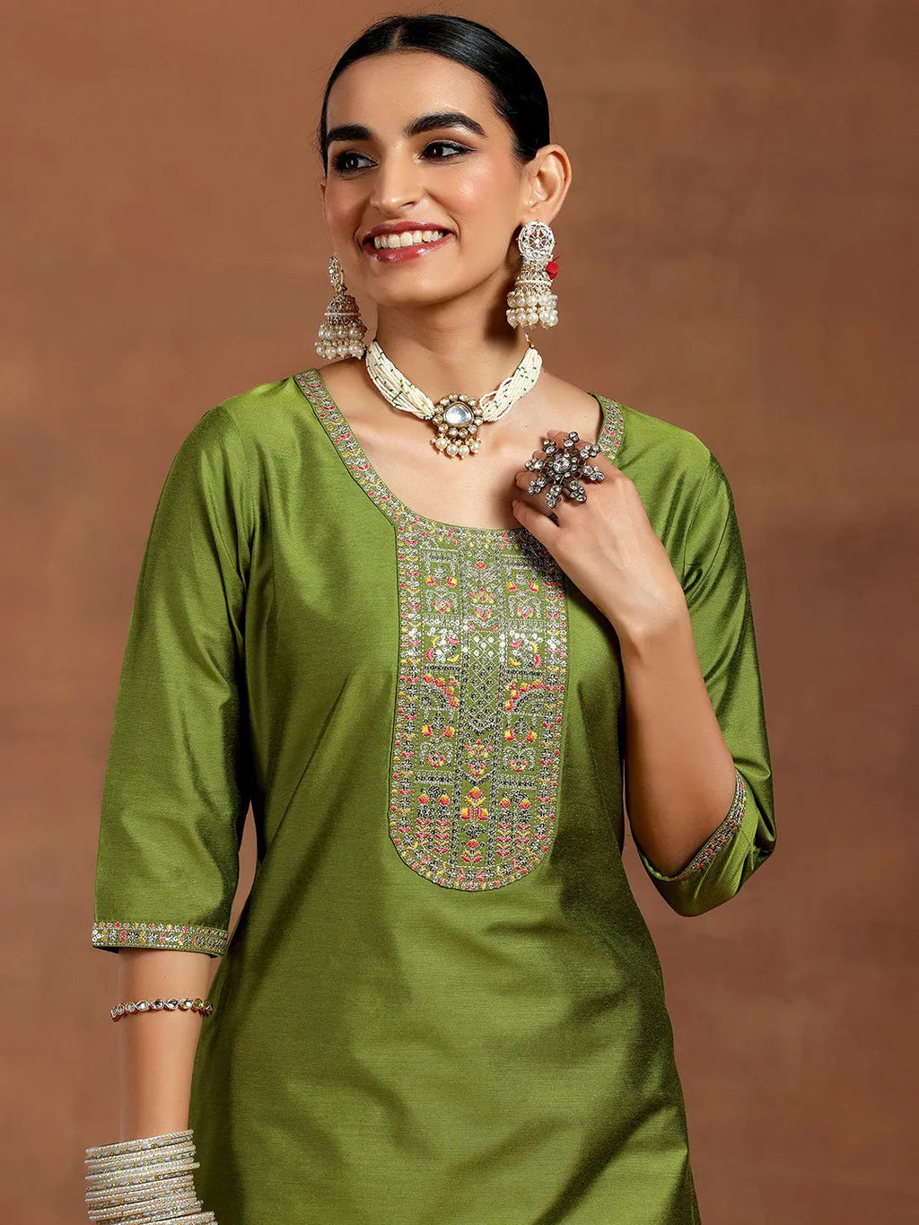 Gerua Green Yoke Design Silk Blend Straight Suit With Dupatta