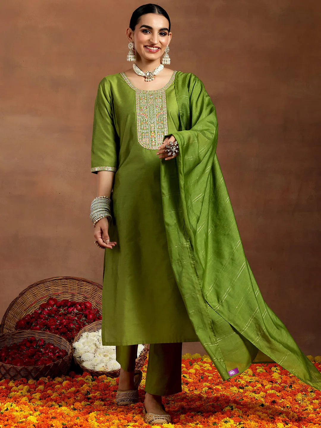 Gerua Green Yoke Design Silk Blend Straight Suit With Dupatta