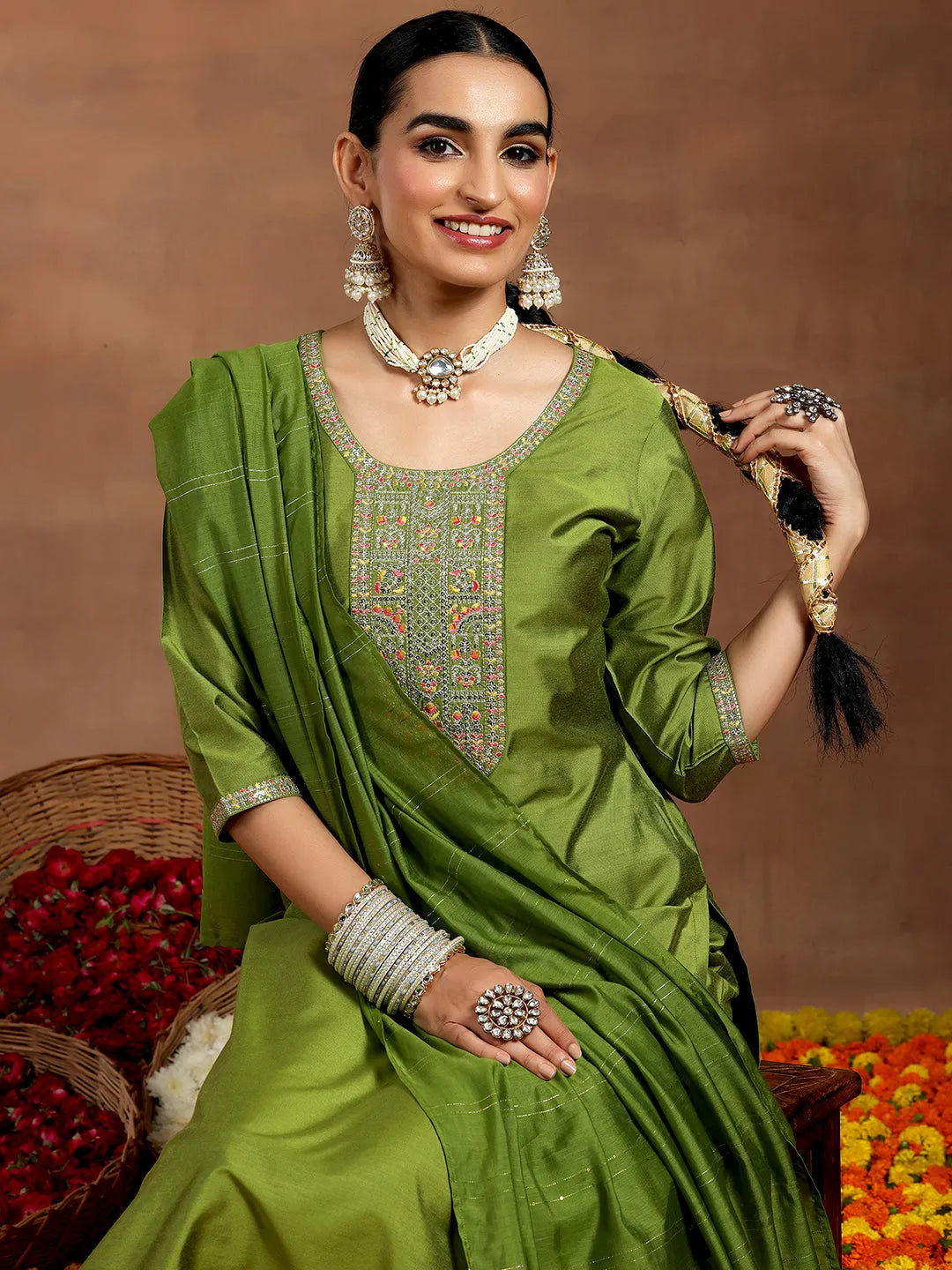 Gerua Green Yoke Design Silk Blend Straight Suit With Dupatta