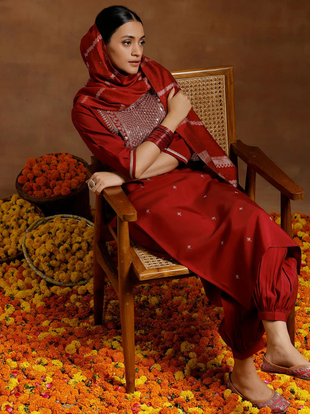 Gerua Maroon Yoke Design Silk Blend Straight Suit With Dupatta