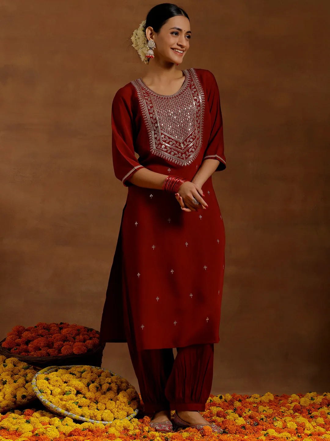Gerua Maroon Yoke Design Silk Blend Straight Suit With Dupatta