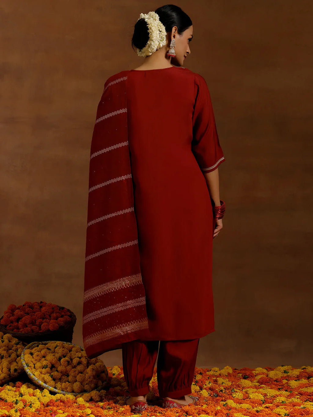 Gerua Maroon Yoke Design Silk Blend Straight Suit With Dupatta