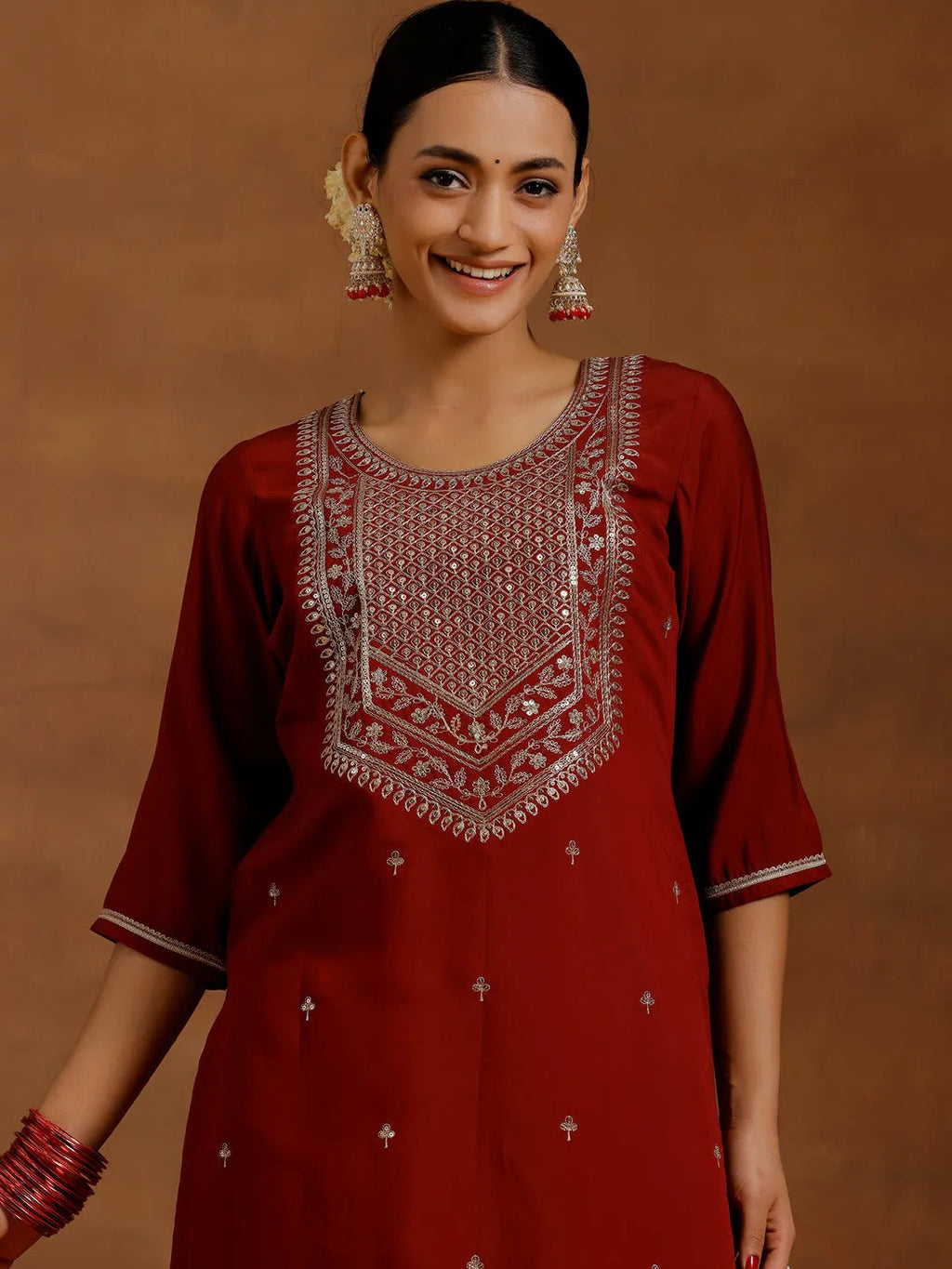 Gerua Maroon Yoke Design Silk Blend Straight Suit With Dupatta