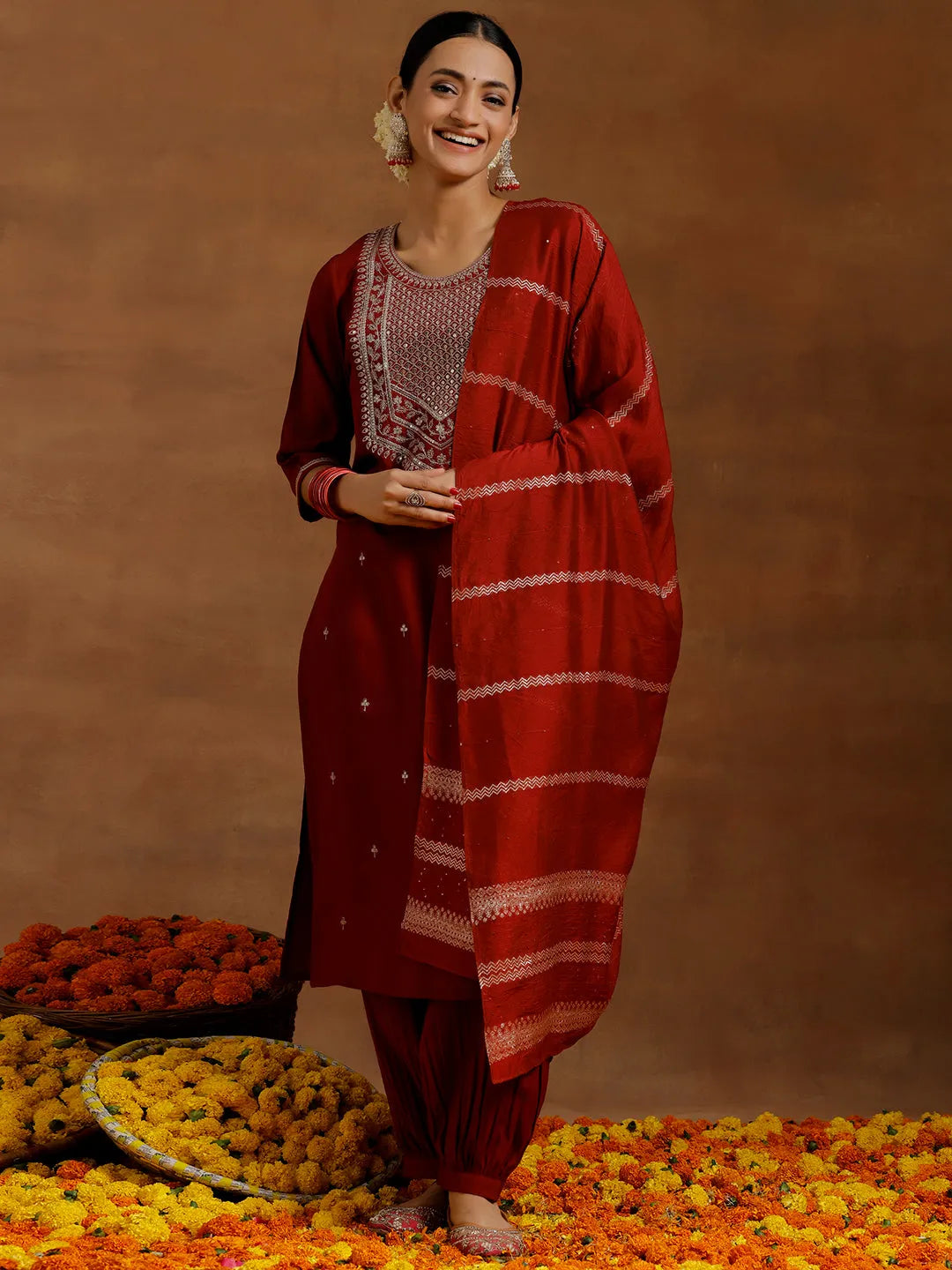 Gerua Maroon Yoke Design Silk Blend Straight Suit With Dupatta