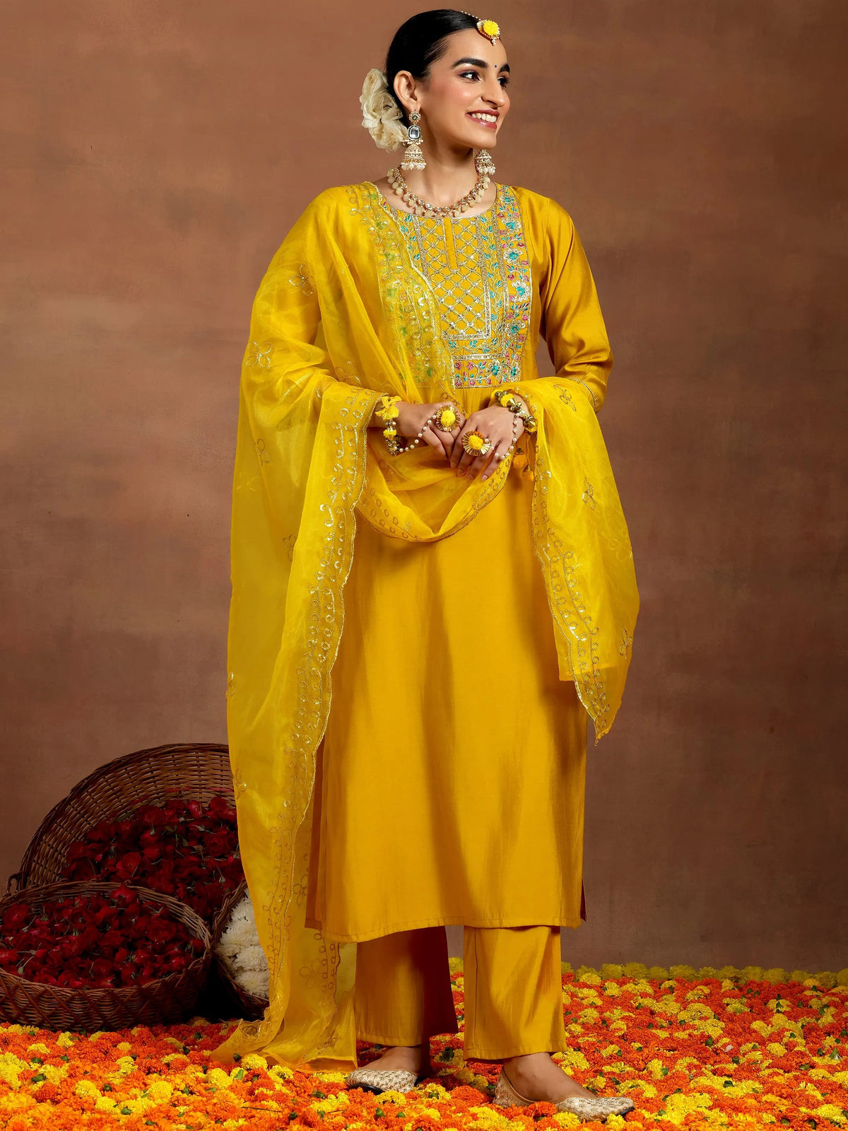 Gerua Mustard Yoke Design Silk Blend Straight Suit With Dupatta
