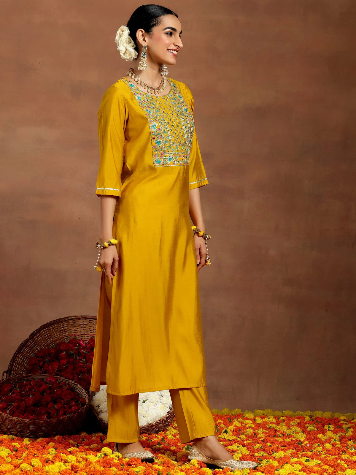 Gerua Mustard Yoke Design Silk Blend Straight Suit With Dupatta