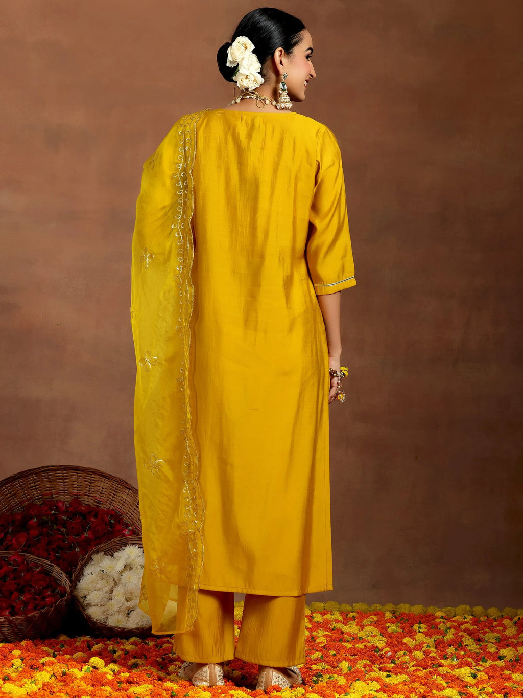 Gerua Mustard Yoke Design Silk Blend Straight Suit With Dupatta