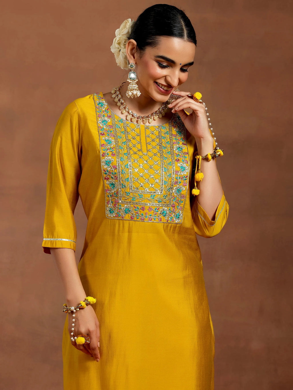Gerua Mustard Yoke Design Silk Blend Straight Suit With Dupatta