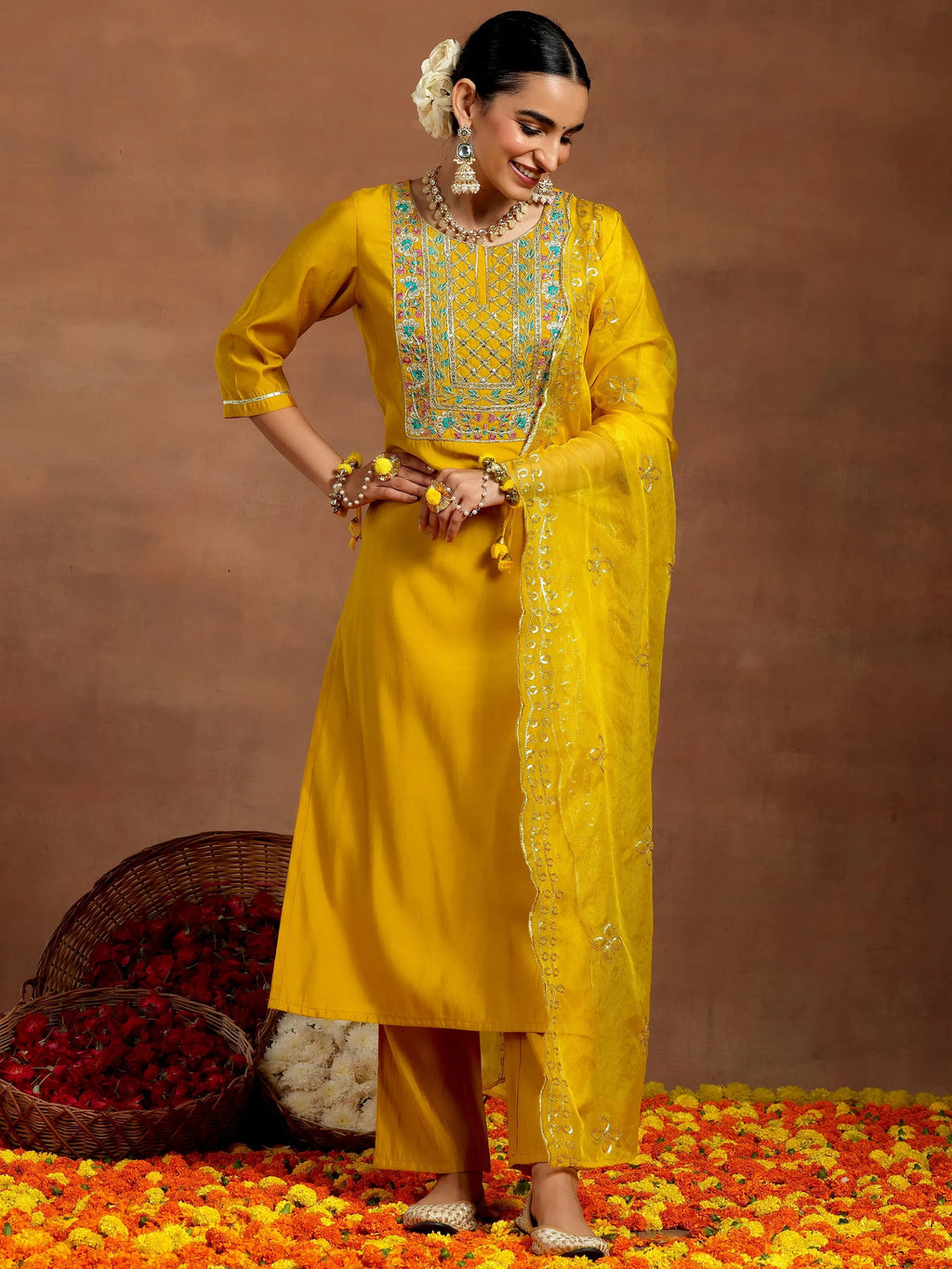 Gerua Mustard Yoke Design Silk Blend Straight Suit With Dupatta