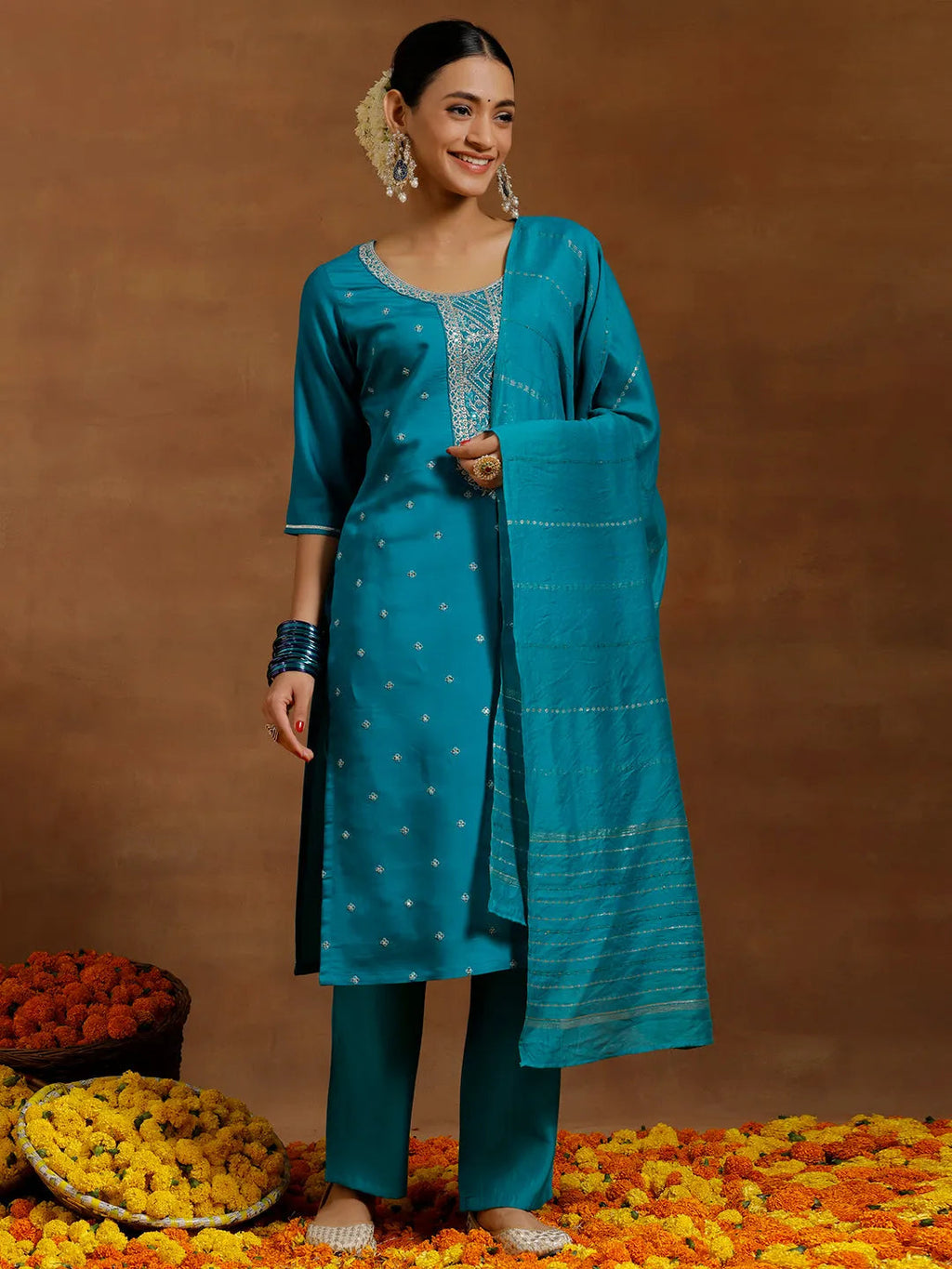 Gerua Green Yoke Design Silk Blend Straight Suit With Dupatta