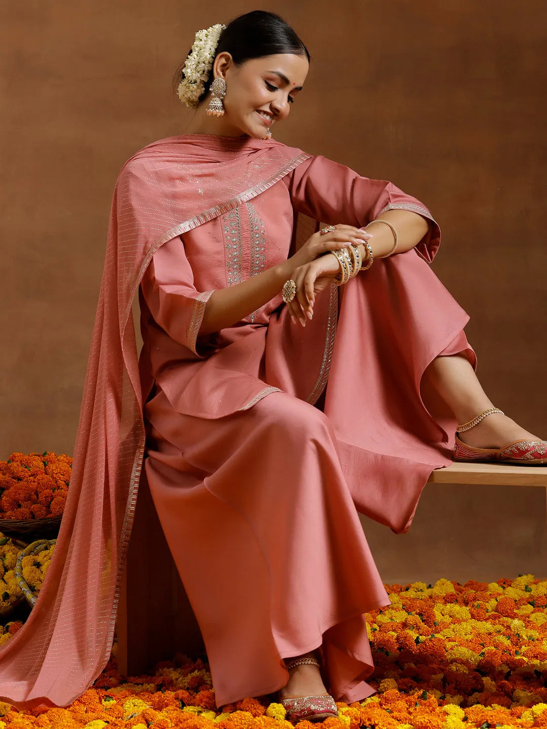 Gerua Peach Yoke Design Silk Blend Straight Suit With Dupatta