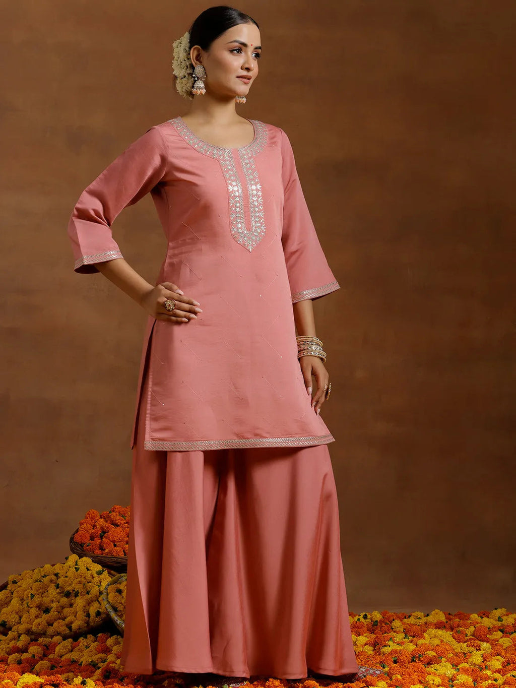 Gerua Peach Yoke Design Silk Blend Straight Suit With Dupatta