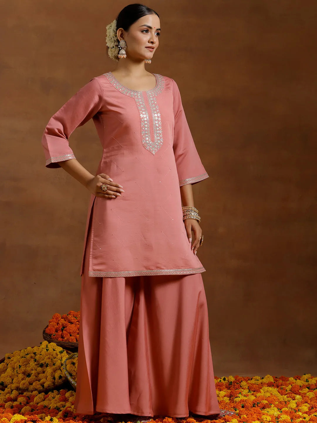 Gerua Peach Yoke Design Silk Blend Straight Suit With Dupatta