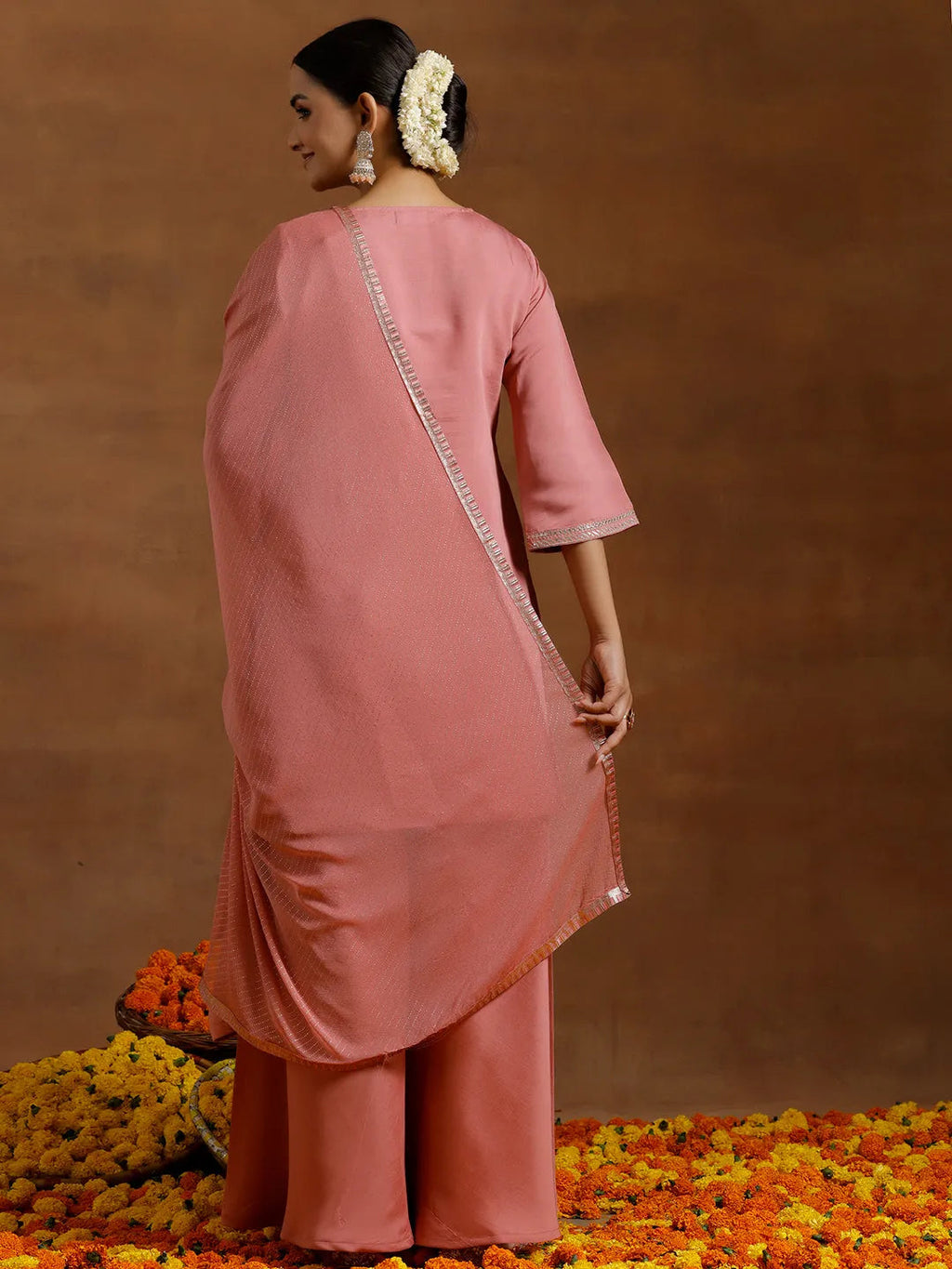 Gerua Peach Yoke Design Silk Blend Straight Suit With Dupatta