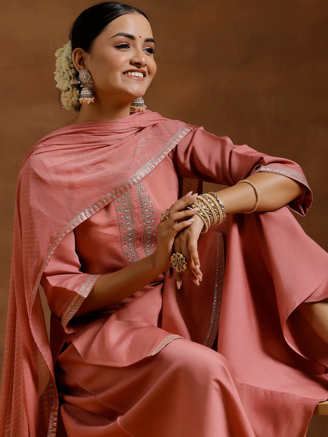 Gerua Peach Yoke Design Silk Blend Straight Suit With Dupatta