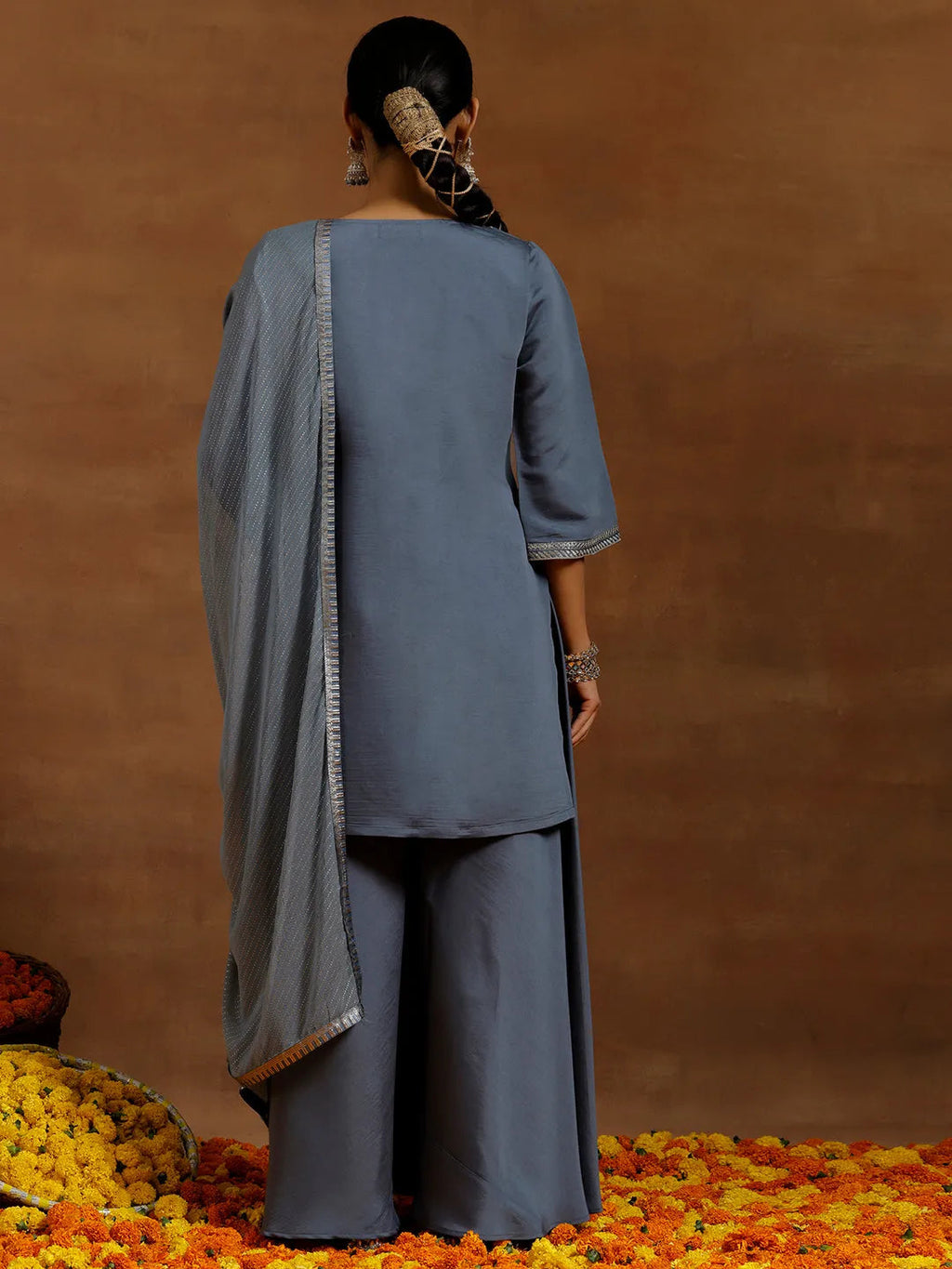 Gerua Grey Yoke Design Silk Blend Straight Suit With Dupatta