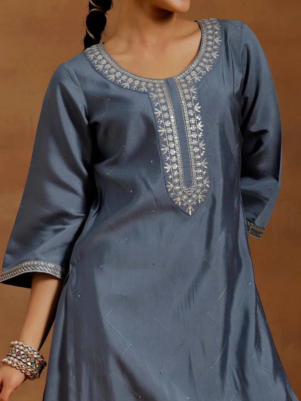 Gerua Grey Yoke Design Silk Blend Straight Suit With Dupatta