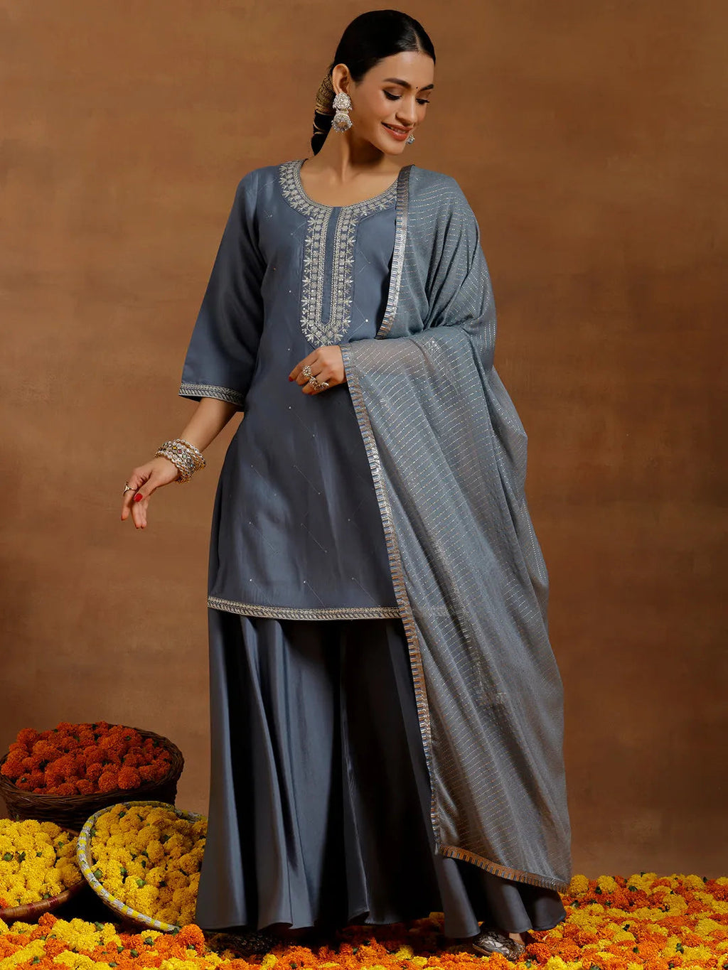 Gerua Grey Yoke Design Silk Blend Straight Suit With Dupatta