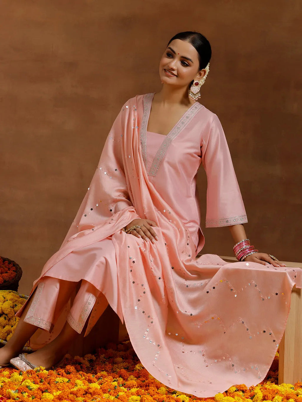 Gerua Peach Yoke Design Silk Blend Straight Suit With Dupatta