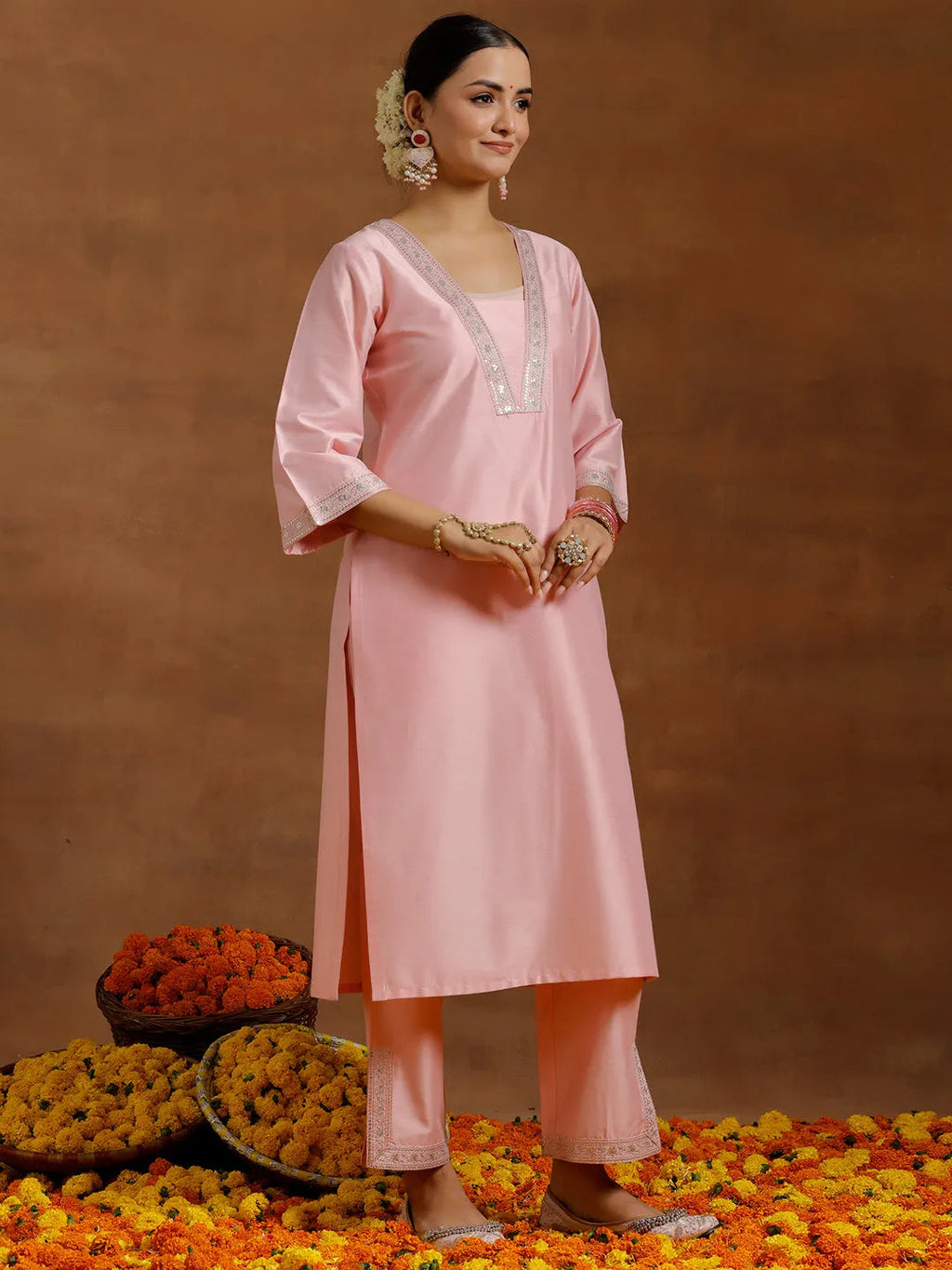 Gerua Peach Yoke Design Silk Blend Straight Suit With Dupatta